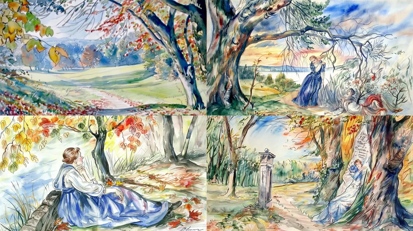Whimsical Pastoral Watercolor Visions: A Study in Rustic Serenity and Impressionist Hues - Midjourney sref style