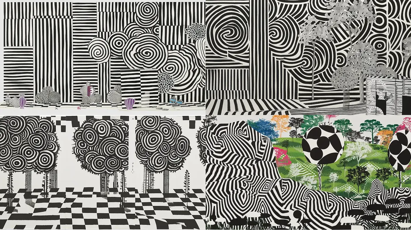 Dynamic Black and White Patterned Landscapes with Colorful Accents - Midjourney sref style