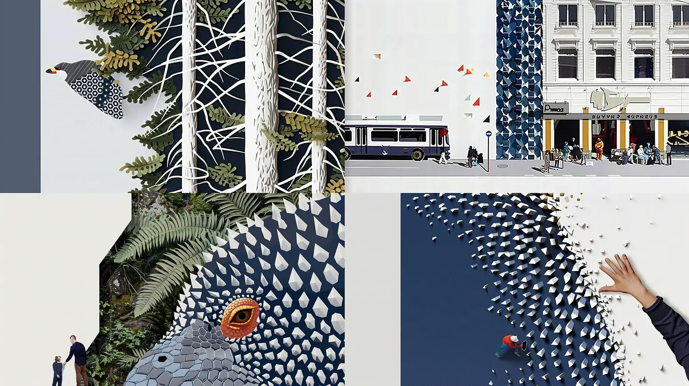 Contemporary Mosaic of Life: A Fusion of Urban and Natural Elements in Modern Art - Midjourney sref style