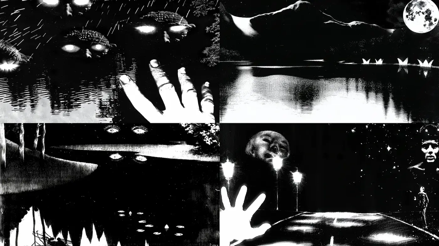 Mysterious Black and White Nightscapes with Surreal Elements - Midjourney sref style