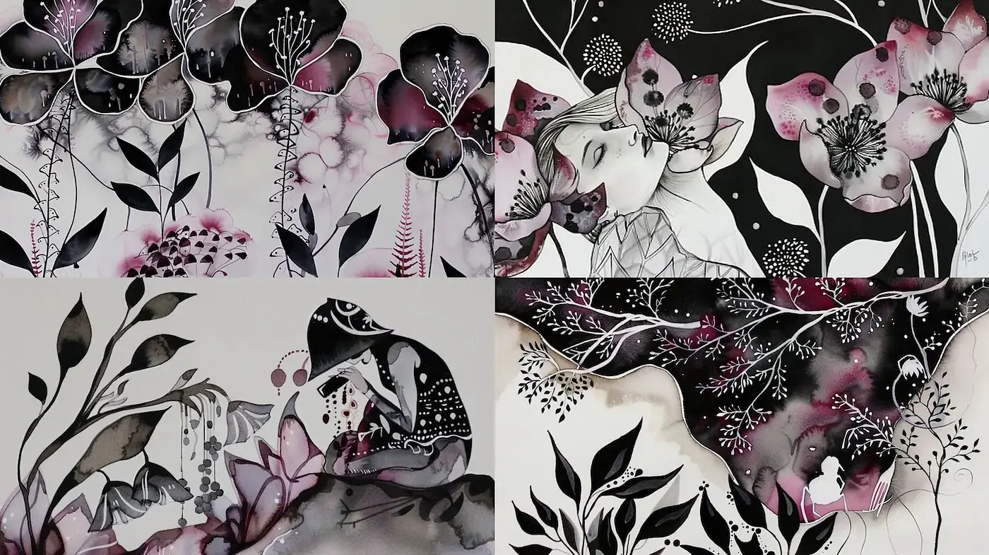Elegant and Mysterious Floral Illustrations with Ethereal Elements - Midjourney sref style
