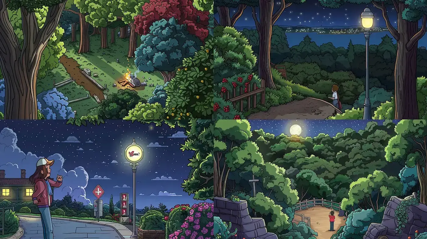 Whimsical, vibrant evening landscapes infused with cartoonish charm - Midjourney sref style