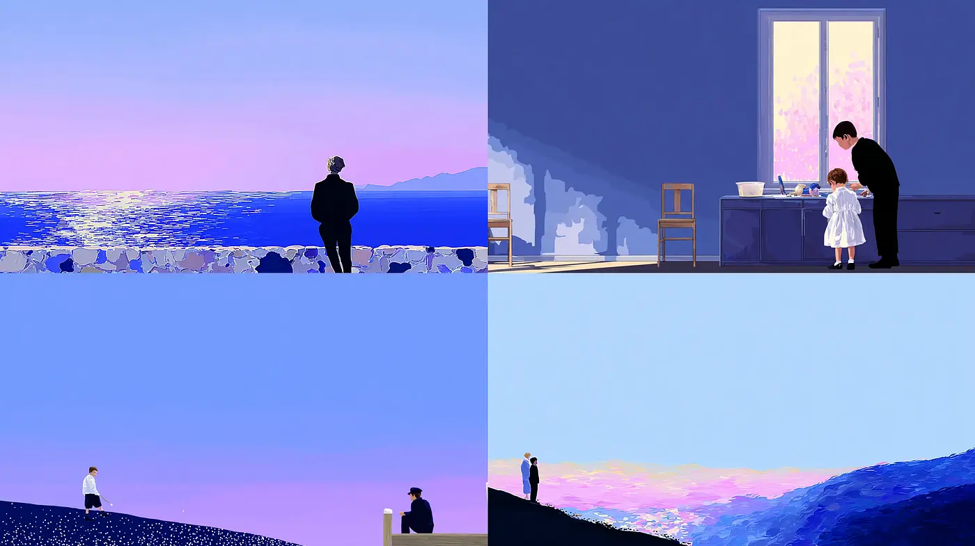 Serene Landscape with Luminous Figures and Gentle Pastel Tones - Midjourney sref style