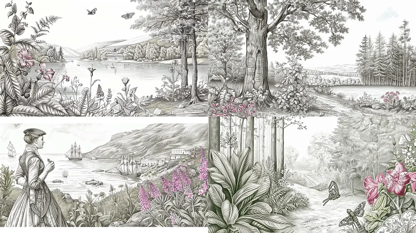Elegant Botanical Etchings with a Touch of Pastel Tranquility - Midjourney sref style