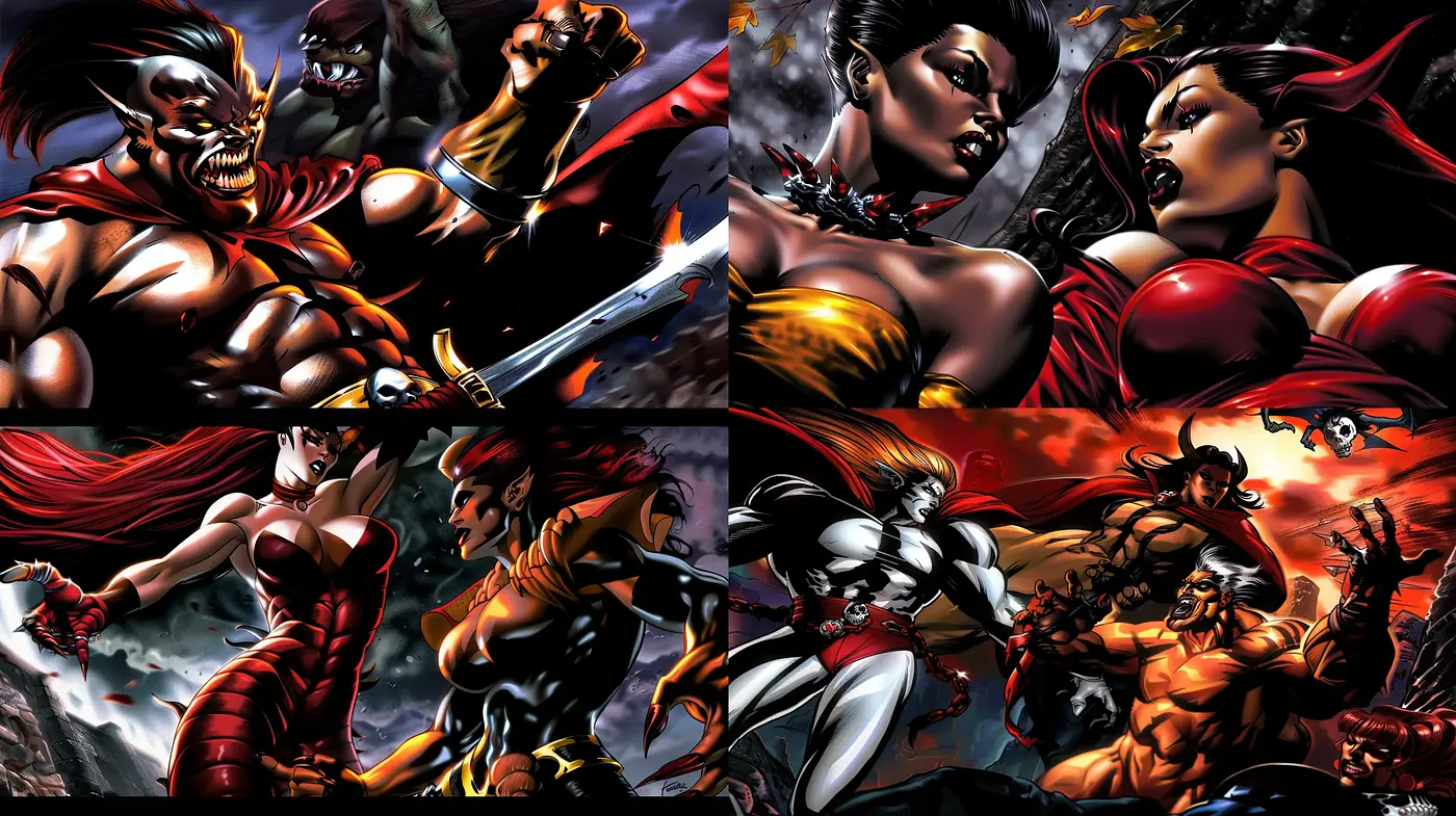 Dynamic Comic Book Illustration with Intense Contrast and Vivid Detailing - Midjourney sref style