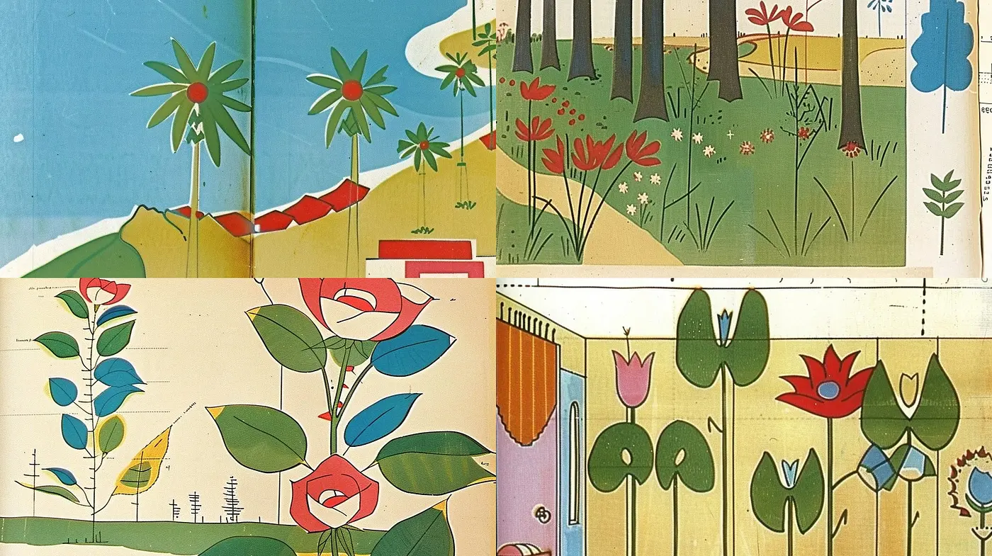 Synchronized Botanical Elegance with a Nostalgic Illustrative Essence - Midjourney sref style