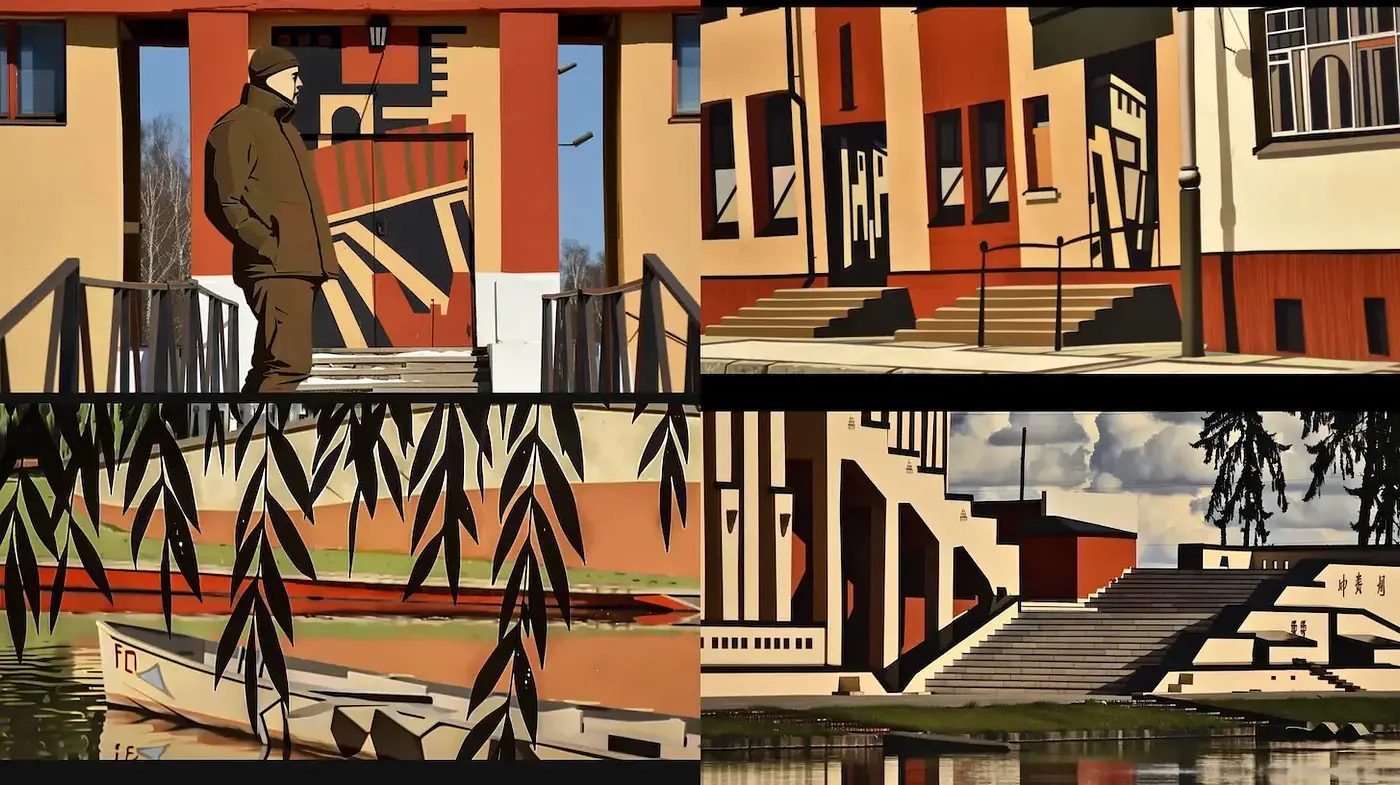 Stylized Architectural Visions with Rich Earth Tones and Dynamic Geometries - Midjourney sref style