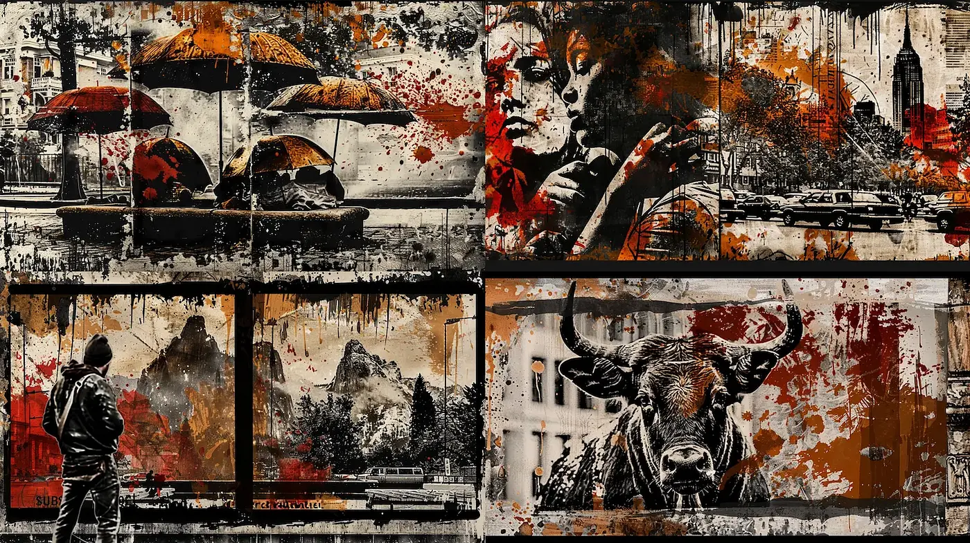 Dynamic Urban Vignettes with Grunge Aesthetic and Bold Color Contrast - Midjourney sref style