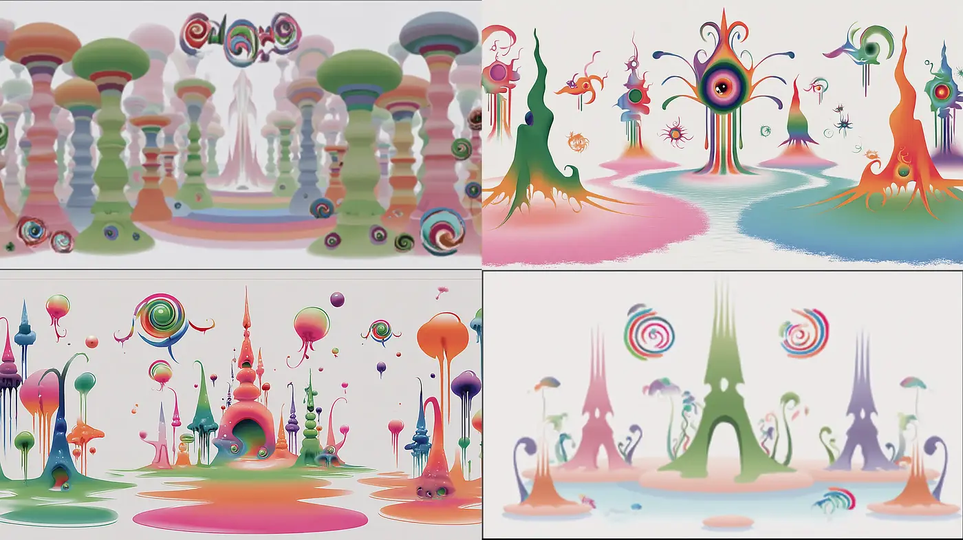 Colorful Abstract Landscapes with Surreal Elements - Midjourney sref style