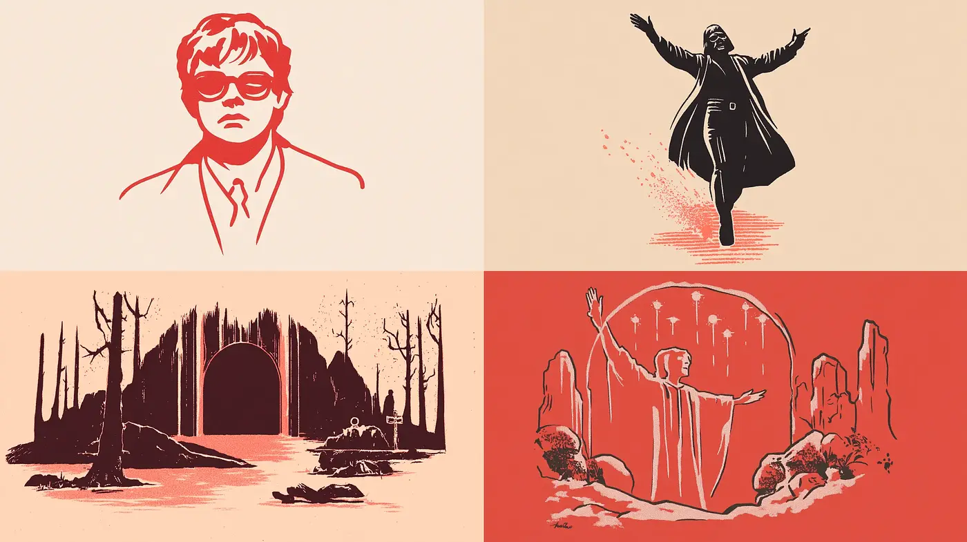 Retro Monochromatic Illustration Series with Surrealist Undertones - Midjourney sref style