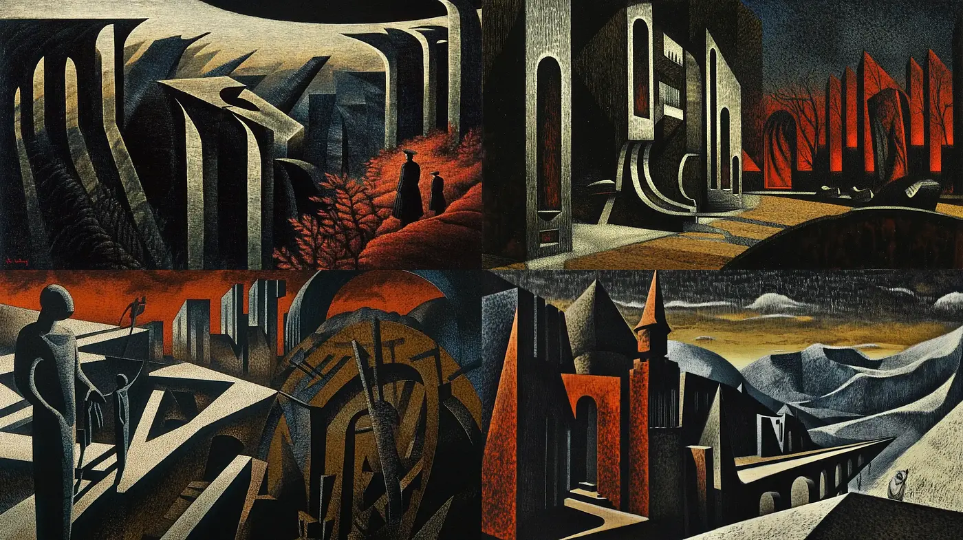 Surreal Nocturnal Landscapes with Stylized Geometric Forms - Midjourney sref style