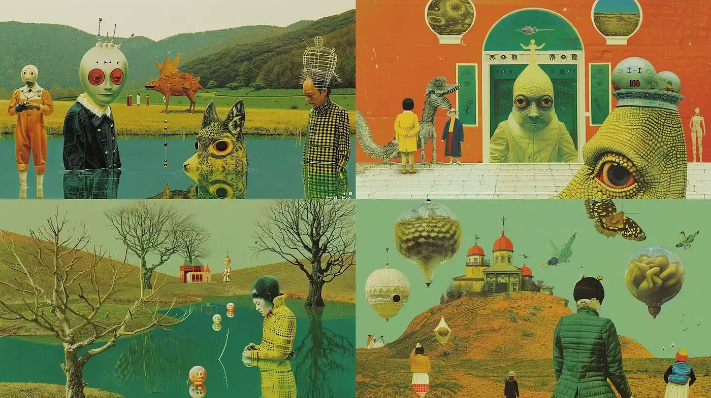 Surreal, whimsical landscapes blending fantasy and reality - Midjourney sref style