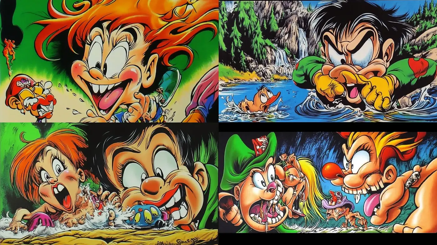 Vibrant Comic Frenzy: A Fusion of Exaggerated Cartoon Dynamics and Lush Sceneries - Midjourney sref style