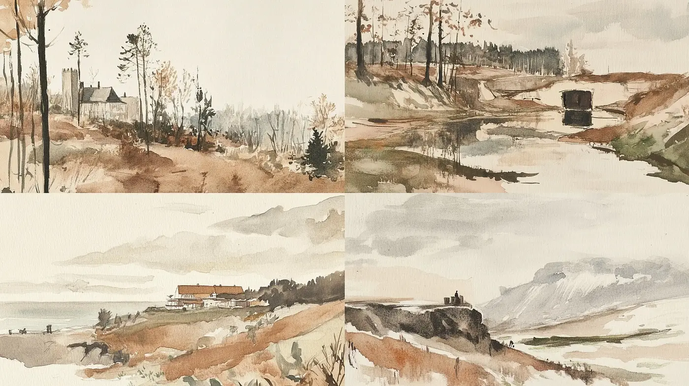 Serene Watercolor Landscapes with Soothing Neutral Tones - Midjourney sref style