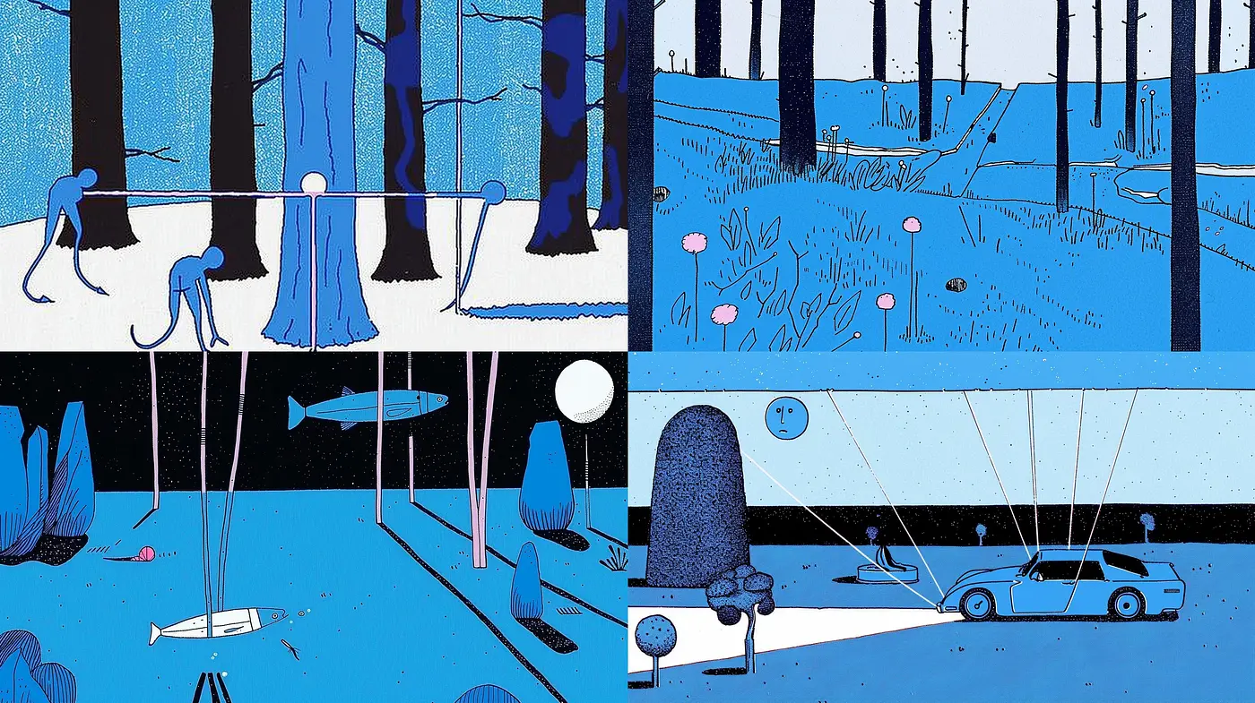 Moody Monochromatic Blue with Stylized Graphic Novel Aesthetics - Midjourney sref style