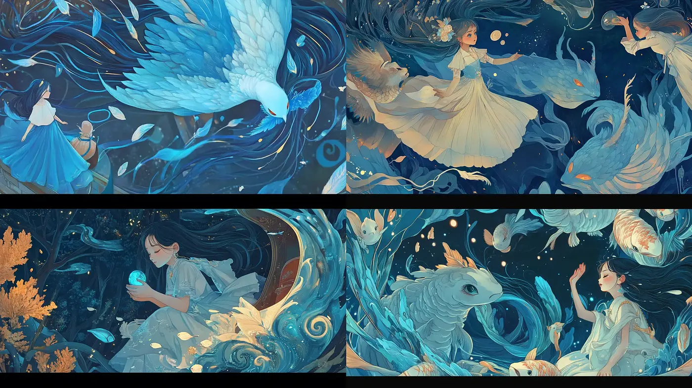 Ethereal Fantasy Dreamscape with Swirling Aquatic Tones - Midjourney sref style