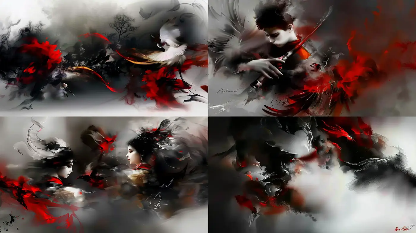 Ethereal Brushstrokes of Red and Black on Monochromatic Canvas - Midjourney sref style