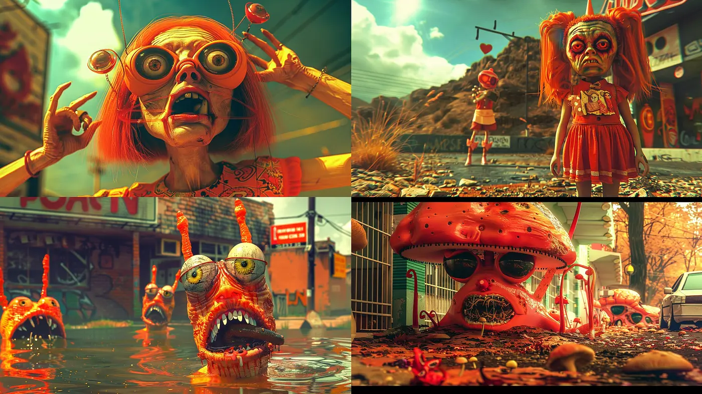 Surreal Distorted Visions with a Vibrant Post-Apocalyptic Flair - Midjourney sref style