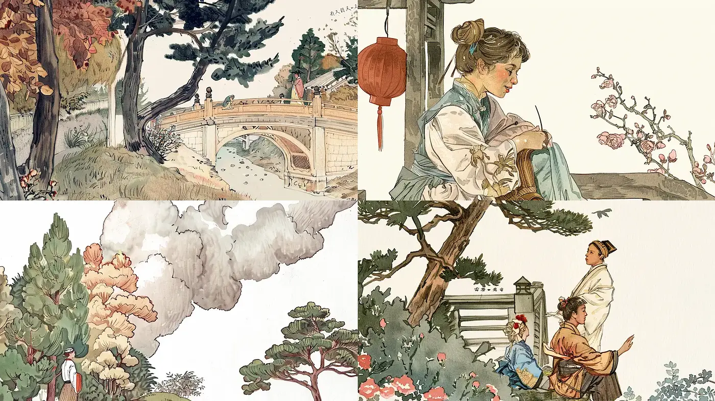 A Harmonious Blend of Nature and Human Experience in Illustrative Art - Midjourney sref style