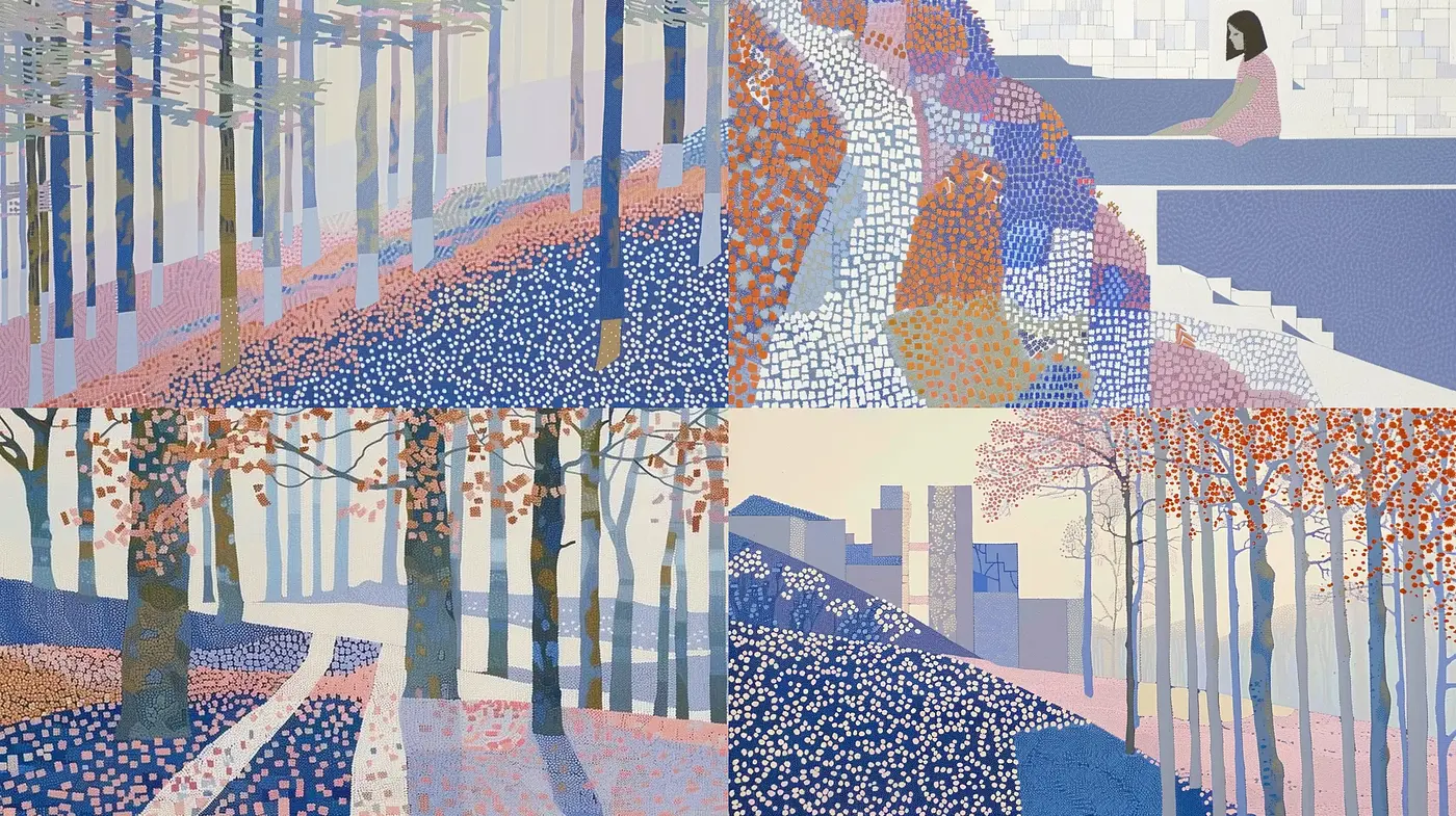 Mosaic of Tranquil Shades: A Harmonious Pointillist Ensemble - Midjourney sref style