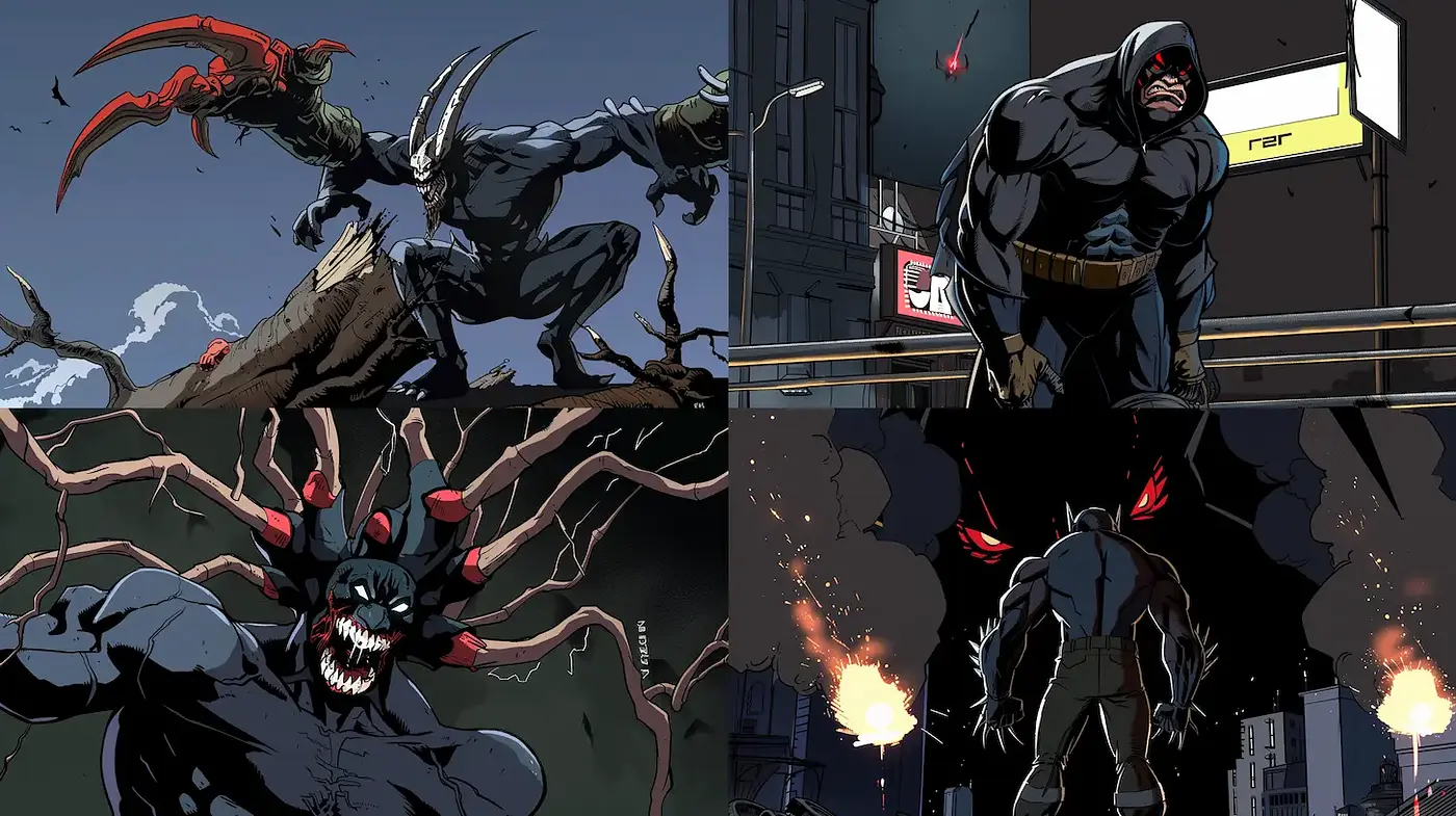 Dynamic and Intense Comic Book Style Illustrations with Dark Themes - Midjourney sref style
