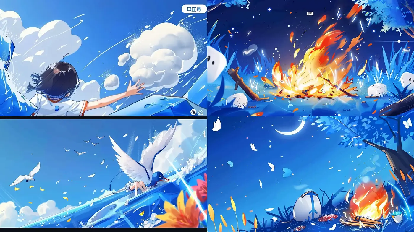 Dynamic Elemental Contrast in a Vivid, Anime-Inspired Dreamscape - Midjourney sref style