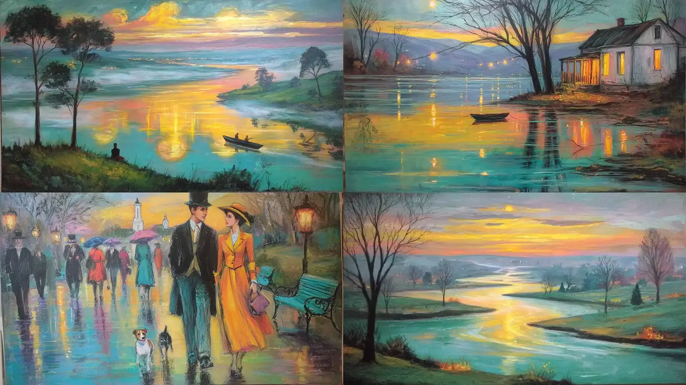 Serene Romantic Landscapes with Vibrant Reflective Waters - Midjourney sref style