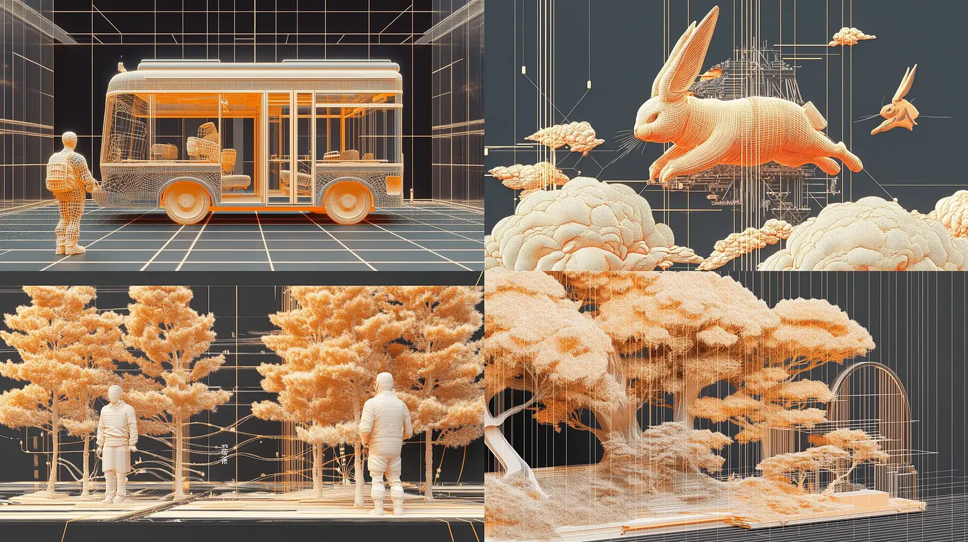 Wireframe Dreamscape: An Exploration of Structural Essence and Monochromatic Warmth - Midjourney sref style