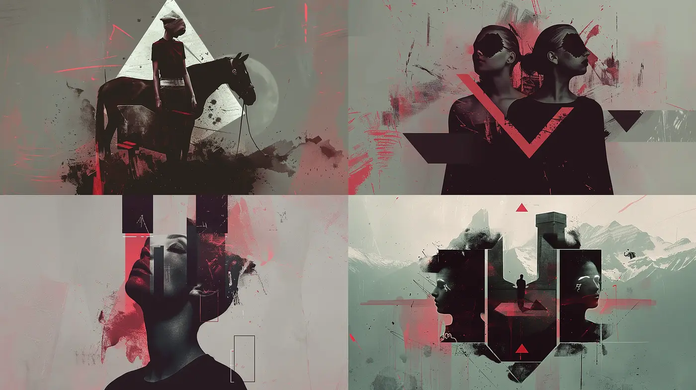 Abstract Expressionist Digital Collage with Neo-noir Undertones - Midjourney sref style