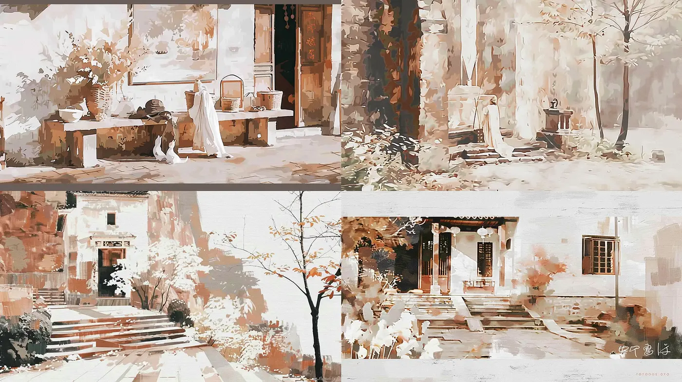 Tranquil Sepia-Toned Painterly Visions - Midjourney sref style