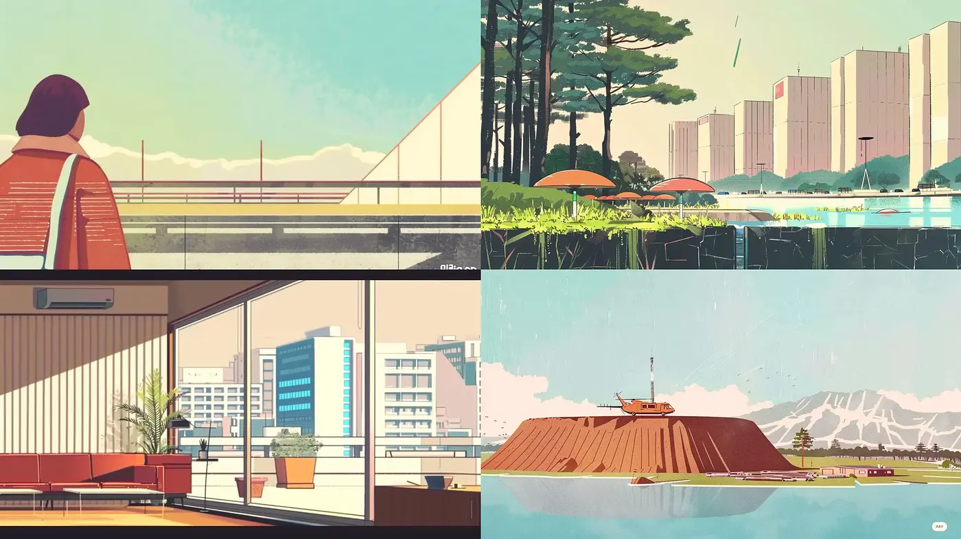 Modern Nostalgia in Stylized Geometric Vistas - Midjourney sref style