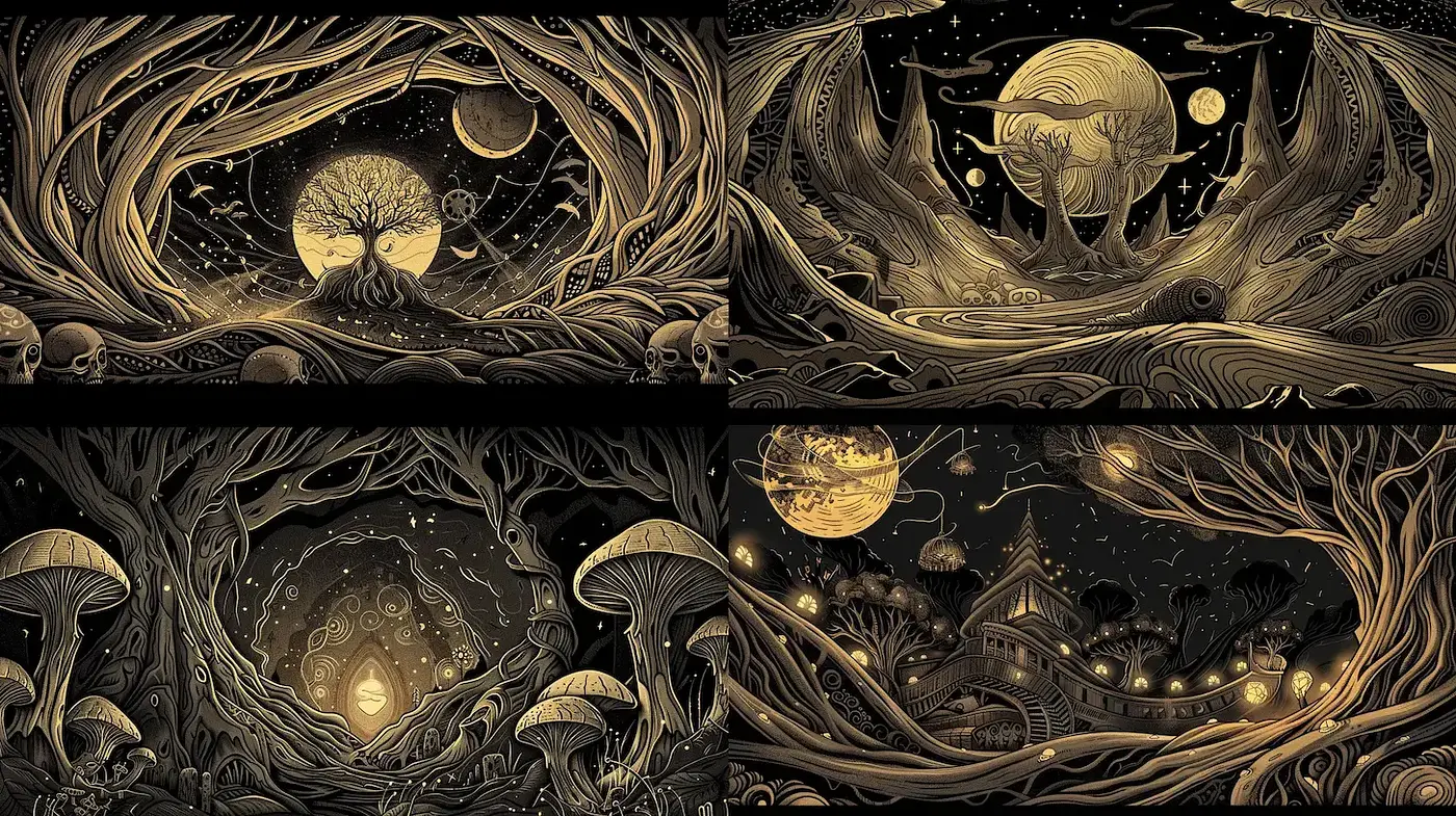 Surreal, monochromatic fantasy illustrations with intricate line work - Midjourney sref style