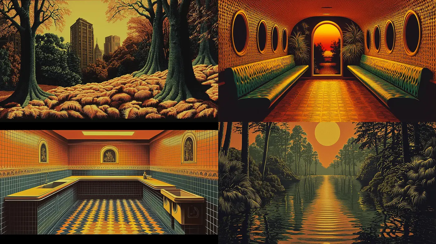 Sunset Hues and Geometric Serenity: A Uniform Style Across Varied Scenes - Midjourney sref style