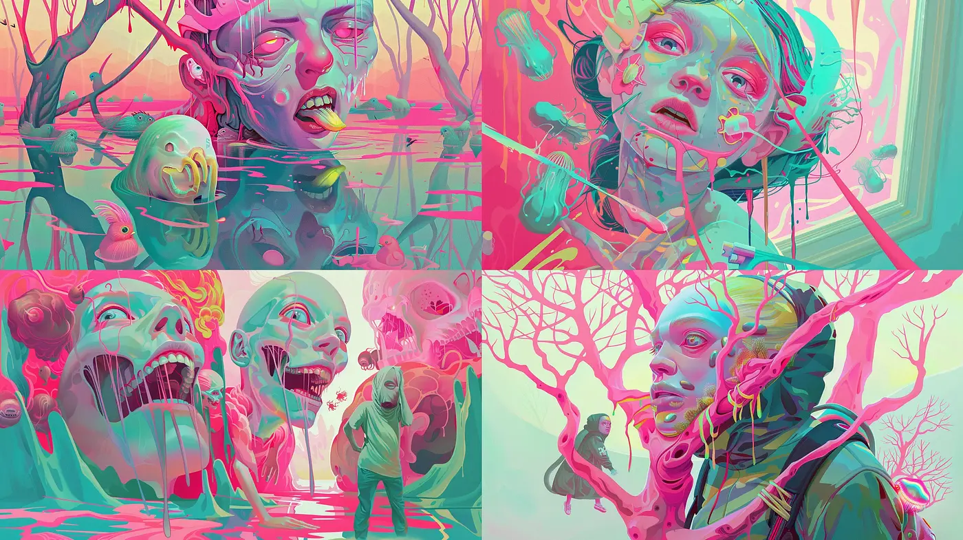 Surreal Dreamscape Fusion with a Pastel Goth Palette - Midjourney sref style