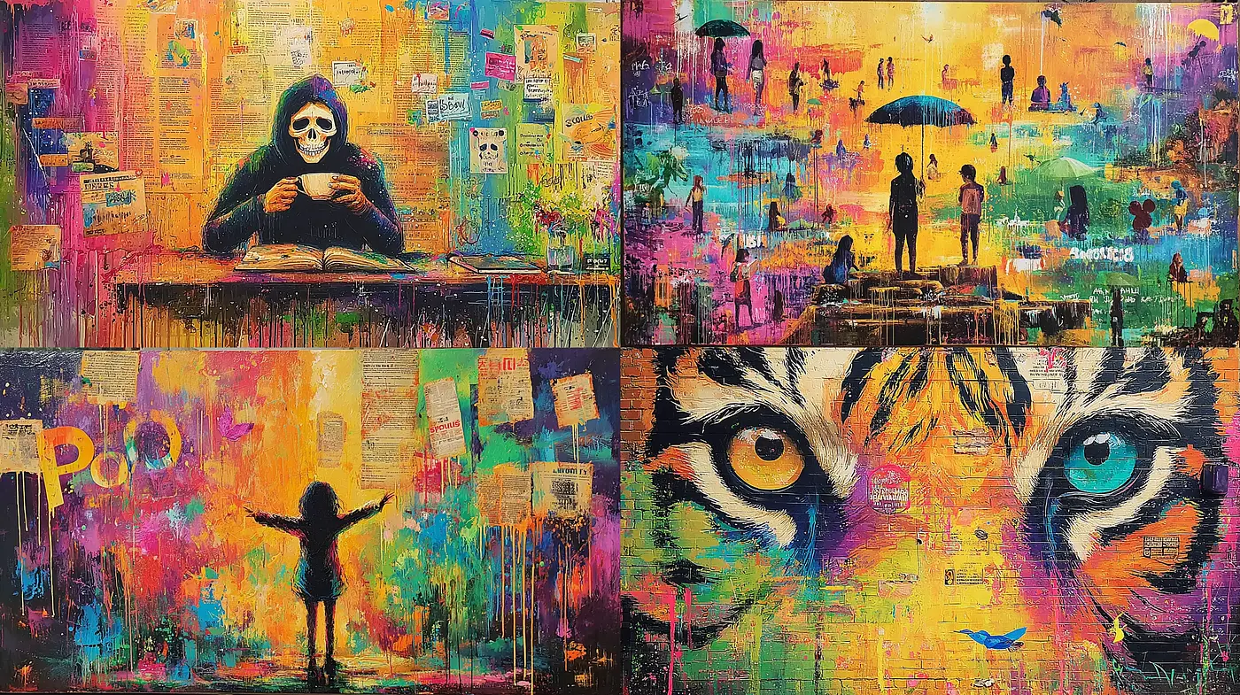 Vibrant and Dynamic Expressionistic Collage with Urban Influences - Midjourney sref style