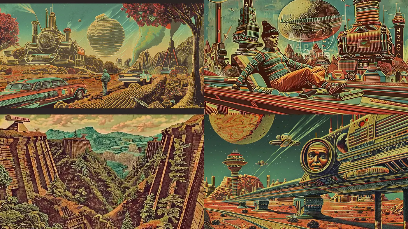 Retro-Futuristic Visions of Lush Worlds in Warm Tones - Midjourney sref style