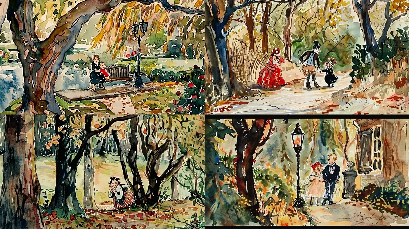 Whimsical Watercolor Garden Scenes with Vintage Undertones - Midjourney sref style