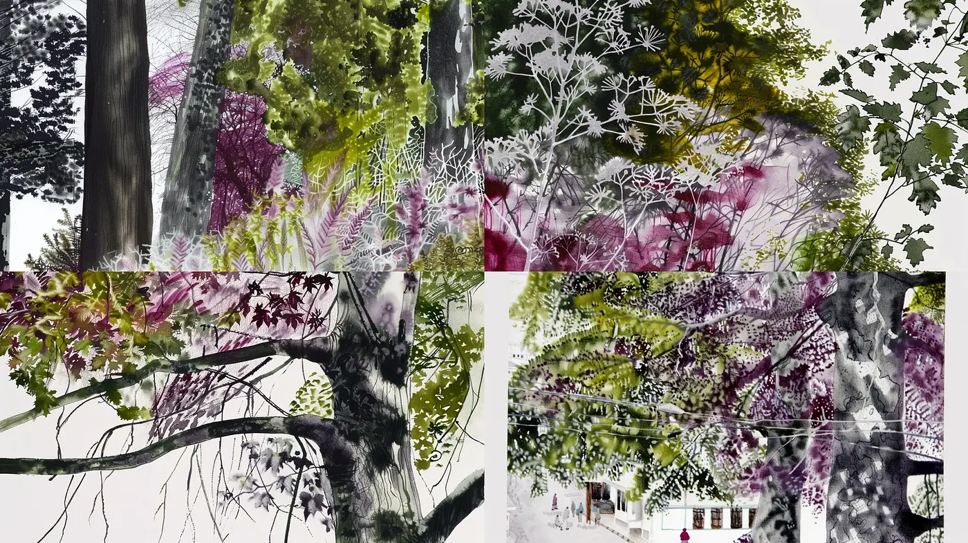 Enigmatic Tapestry of Nature: A Fusion of Ink Wash and Impressionistic Textures - Midjourney sref style