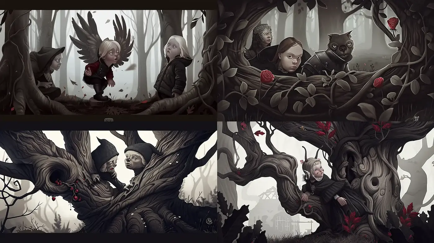 Darkly Whimsical Illustrations with a Touch of Fairytale - Midjourney sref style
