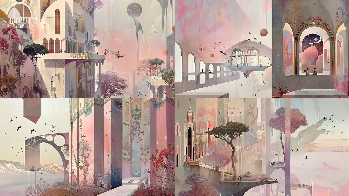 Ethereal Dreamscapes: A Serene Fusion of Architectural Elegance and Pastel Subtlety - Midjourney sref style
