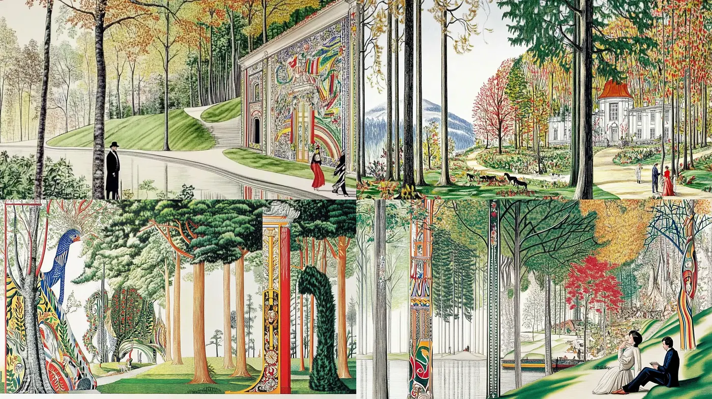 Ethereal Nature Tapestry Blending Art Nouveau and Modernist Sensibilities - Midjourney sref style