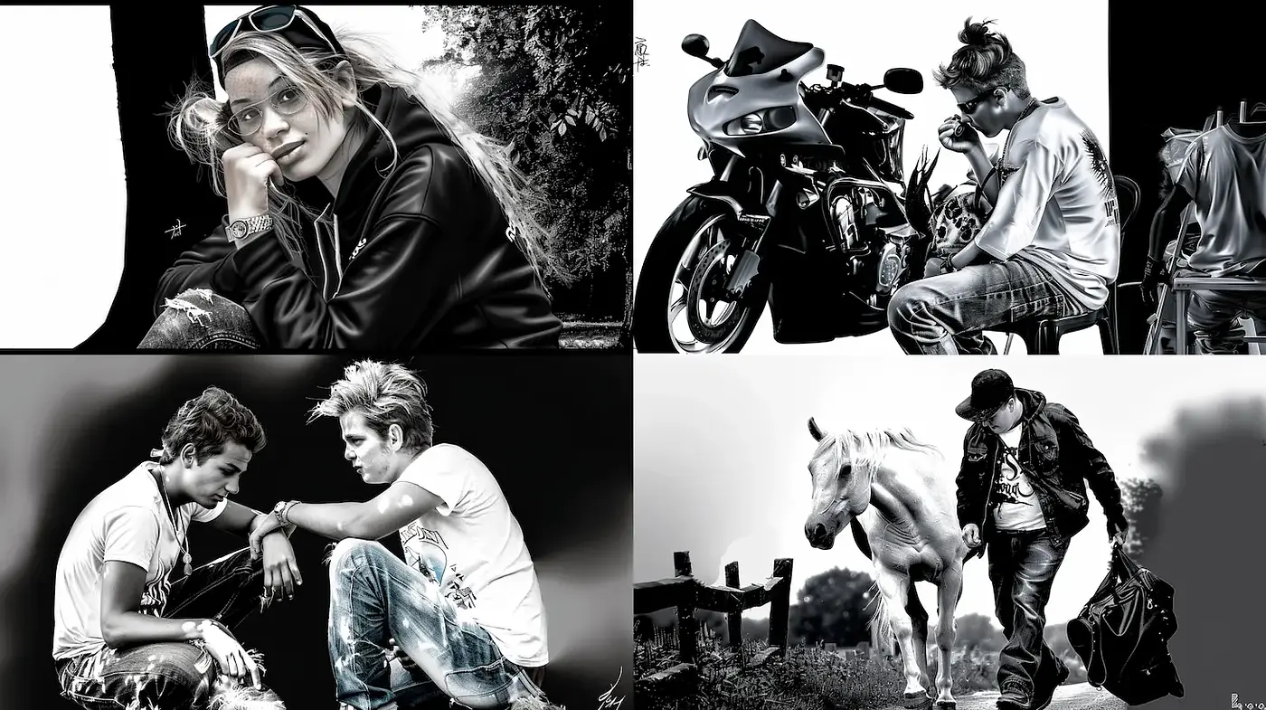 Monochromatic Youthful Expression with Urban Elements - Midjourney sref style
