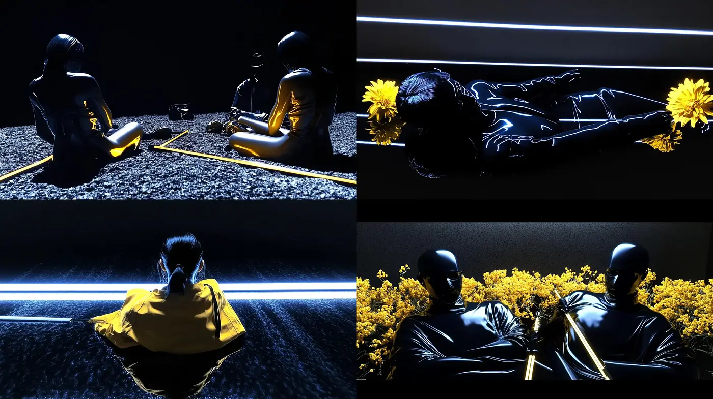 Luminous Contrasts with Sunflower Accents in a Digital Noir Setting - Midjourney sref style