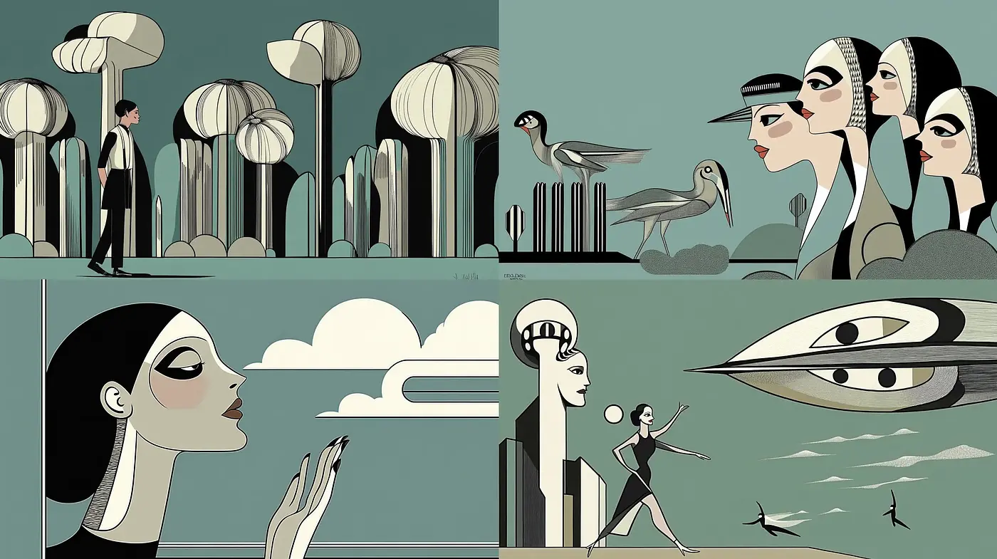 Art Deco Revival with Geometric Elegance and Muted Tones - Midjourney sref style