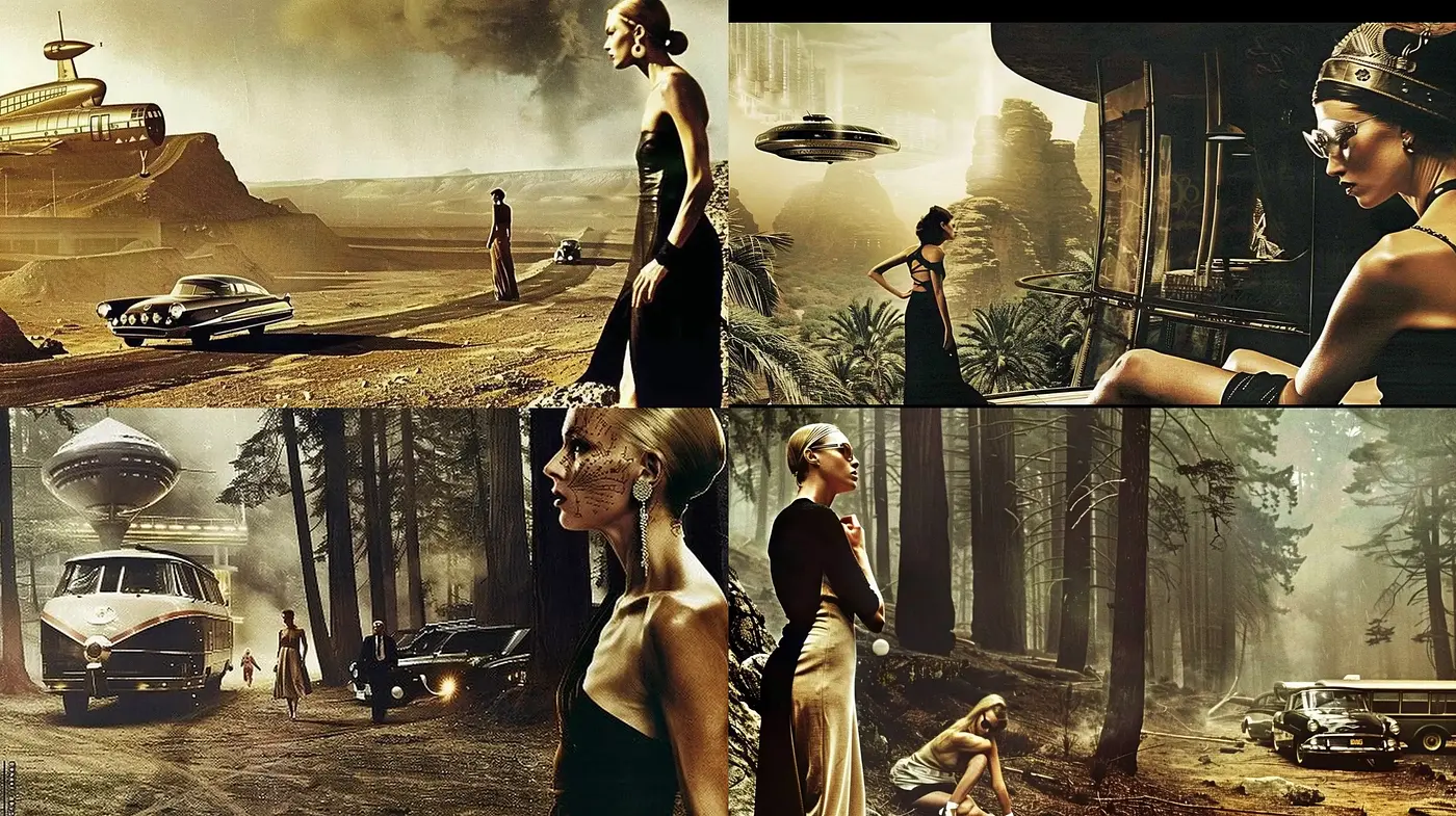Retrofuturistic Elegance Amidst Dystopian Desolation - Midjourney sref style