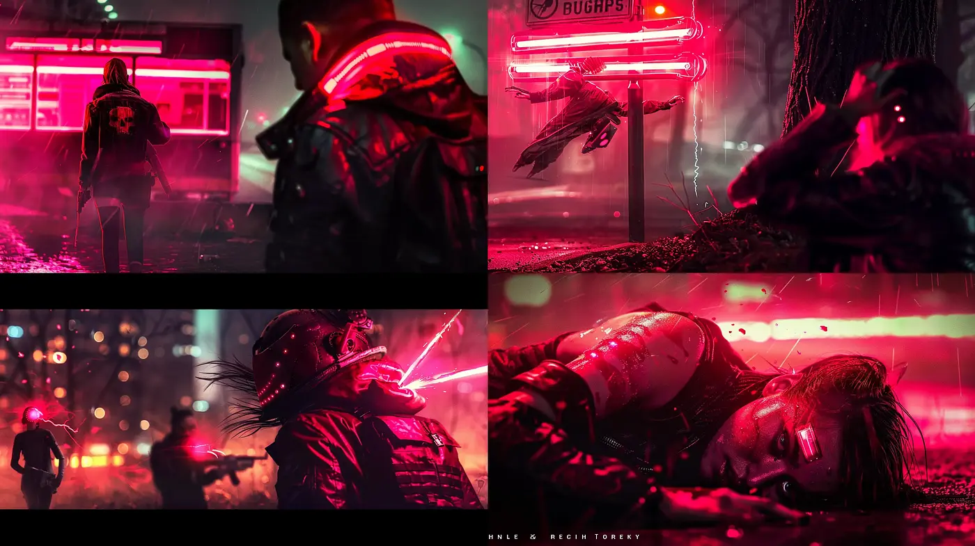 Neon Noir Dreamscape: A Fusion of Cyberpunk Aesthetics and Neon Drama - Midjourney sref style