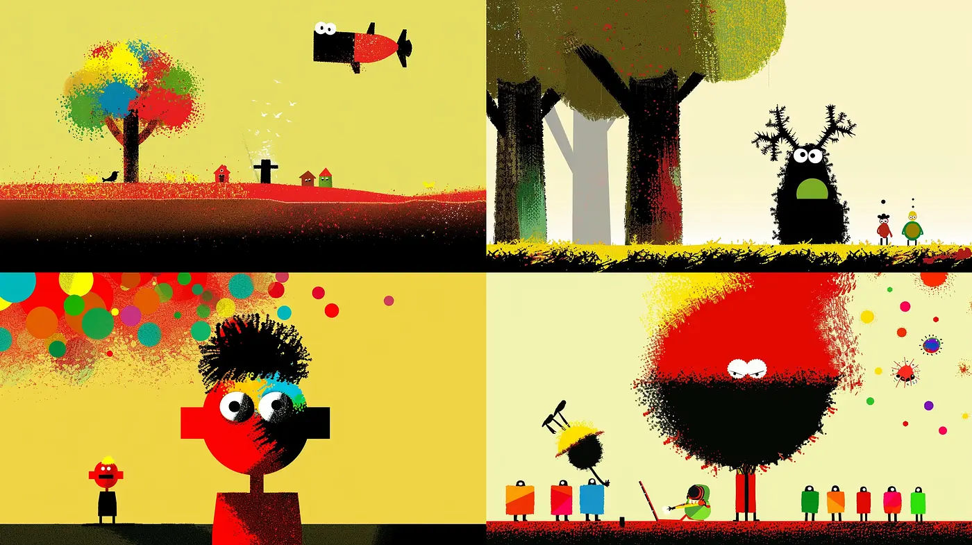 Whimsical Textured Spectacle: An Exploration of Playful Abstraction and Vivid Contrasts - Midjourney sref style