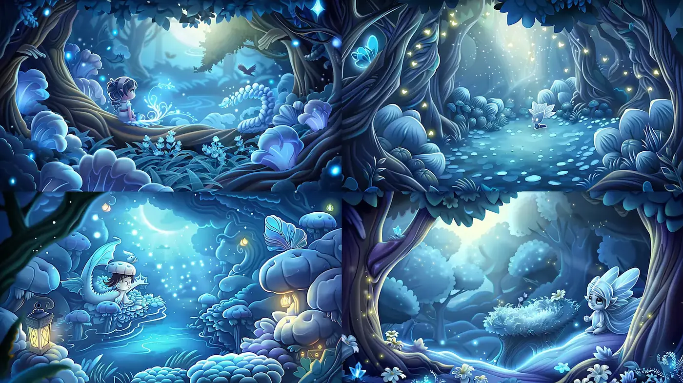 Enchanting and Dreamlike Forest Scenes with Consistent Color Palette - Midjourney sref style