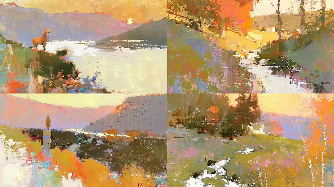Soft and vibrant landscape aesthetics with a painterly quality - Midjourney sref style