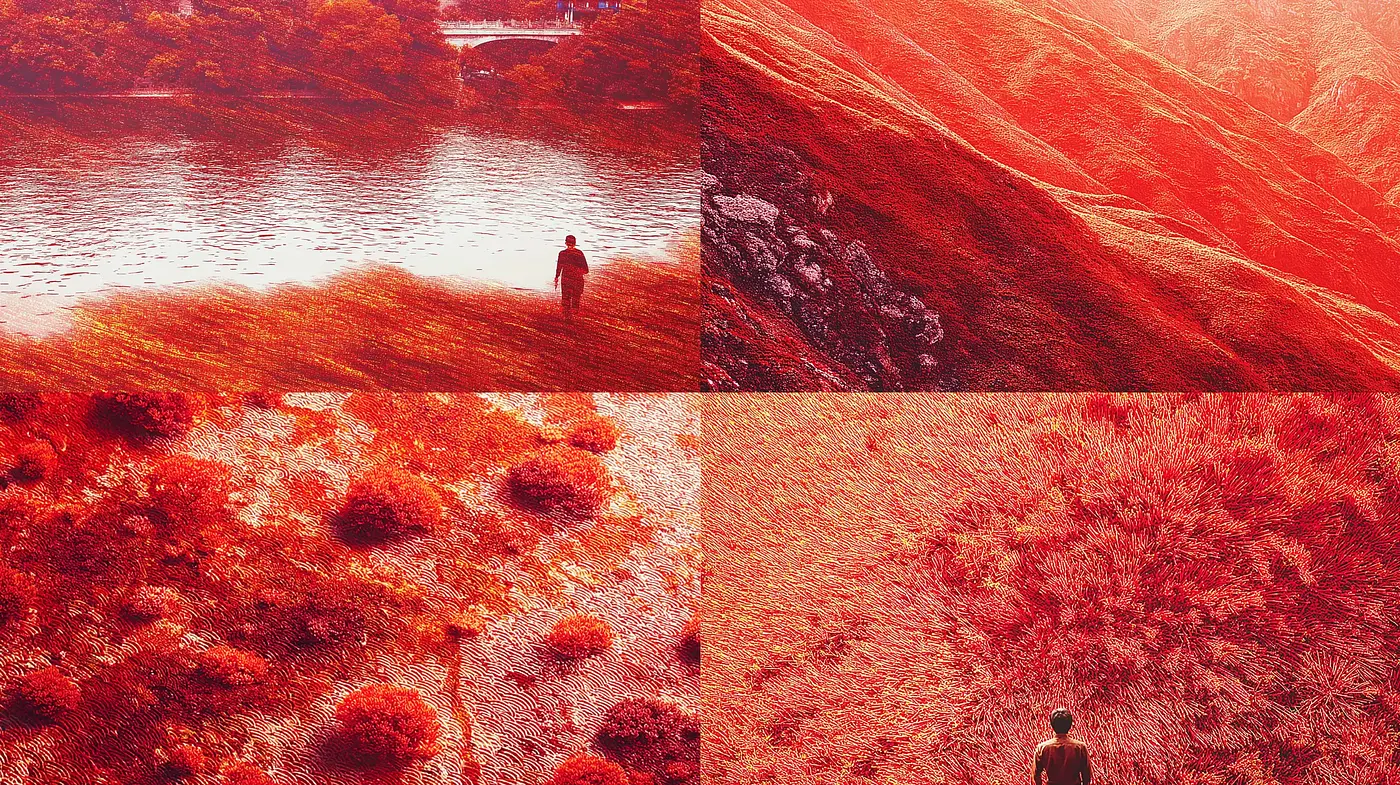 Vibrant Landscapes with a Surreal Red Palette and Evocative Textures - Midjourney sref style